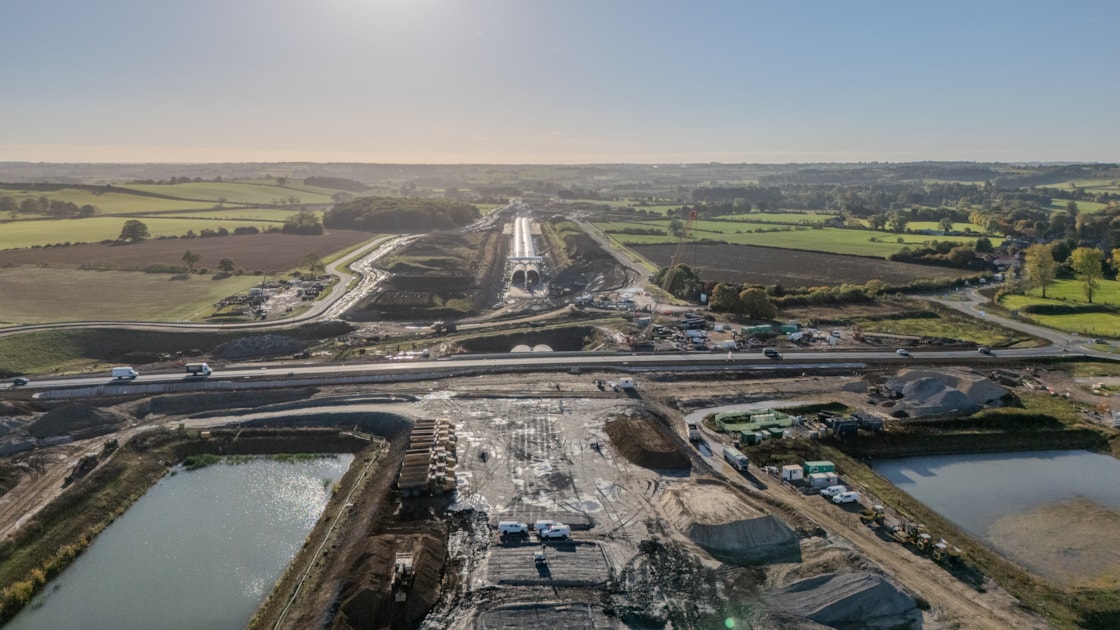 A361 realigned over the Chipping Warden green tunnel looking south Oct 2025