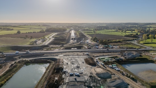 A361 realigned over the Chipping Warden green tunnel looking south Oct 2025: A361 realigned over the Chipping Warden green tunnel looking south Oct 2025