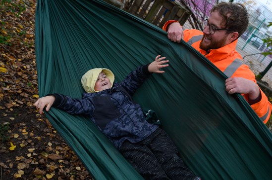 A Paget Primary School pupil enjoying their new Forest School made by BBV volunteers
