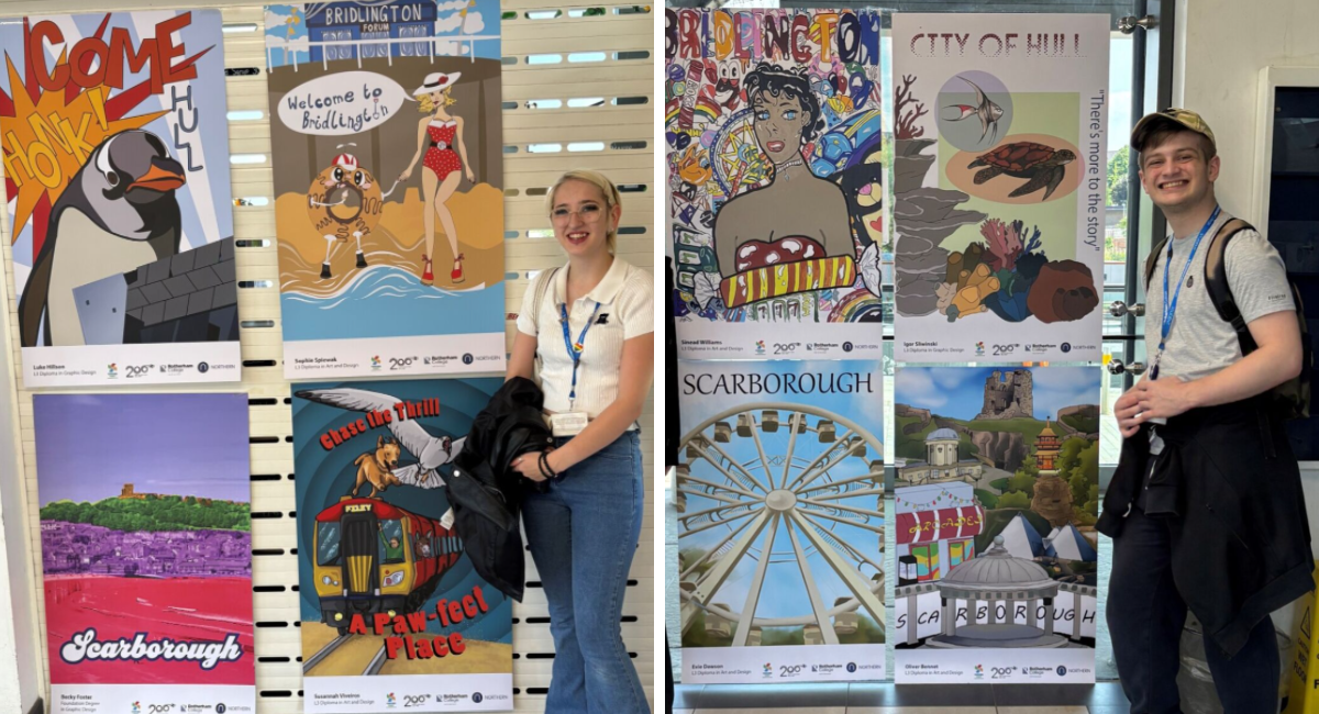 An image Rotherham College students with the artwork they have created for Rotherham Central