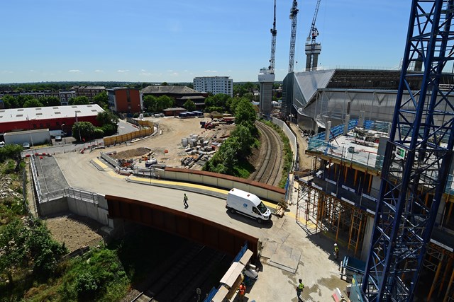 Brentford Football Stadium under construction by the railway - bridge