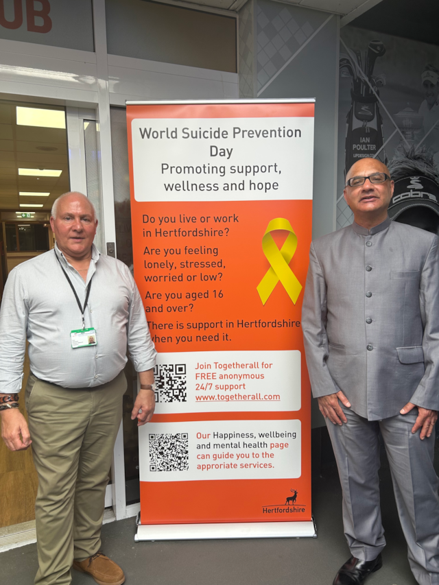 Rory Sherwood, who spoke at the event, and Dr Manawar Jan-Khan, suicide prevention lead at Hertfordshire County Council