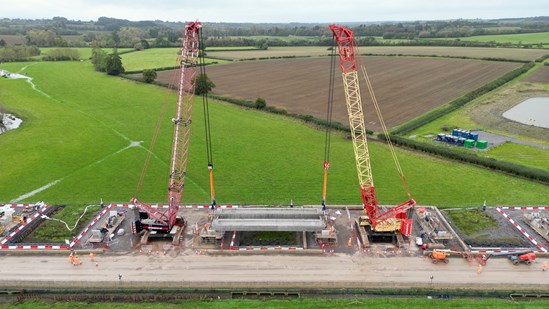 Drone image showing first deck beams lifted into place at Thame Valley Viaduct Oct 2023: Drone image showing first deck beams lifted into place at Thame Valley Viaduct Oct 2023