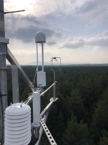 Looking out on the eddy covariance monitoring instrumentation attached to the top of the flux tower. Free use -  please credit The James Hutton Institute.: Looking out on the eddy covariance monitoring instrumentation attached to the top of the flux tower. Free use -  please credit The James Hutton Institute.