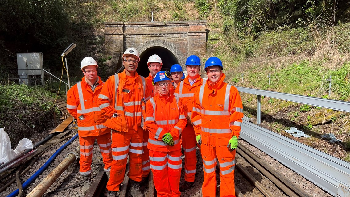 Tunnel vision: Rail Minister visits Mountfield Tunnel to see Network Rail’s engineering efforts to improve the reliability of the Tunbridge Wells to Hastings line in Kent: Rail Minister Huw Merriman with Network Rail and Southeastern colleagues during a visit to Mountfield Tunnel