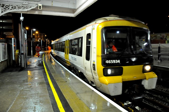 A train enters Gravesend station after improvement work was completed