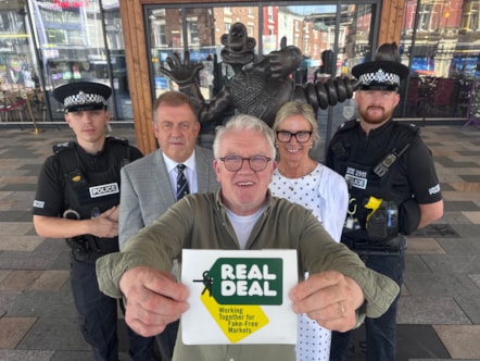 From left, Sgt Tom Rettie from Preston City Centre’s Neighbourhood Policing Team, Preston Market Manager Mark Beck, David Maudsley from Bags N Bags who has been a Preston Market holder for more than 50 years, Trading Standards Manager Helene Corlett and Police Constable Josh Thompson mark the launch