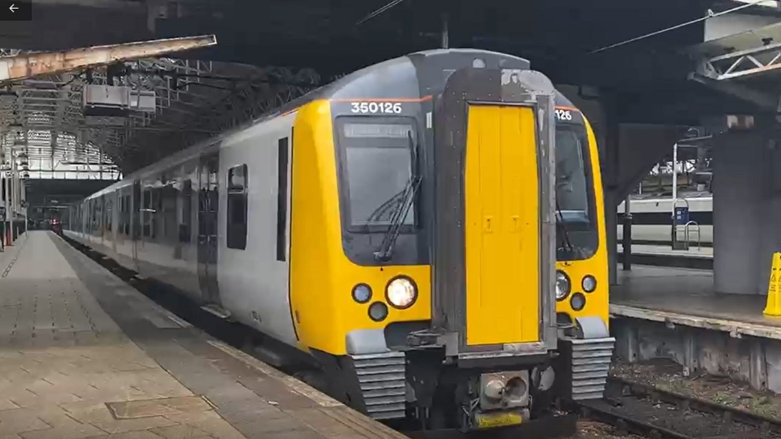 West Midlands Trains Class 350 equipped with PANDAS leaving Manchester Piccadilly during overhead line testing March 2021