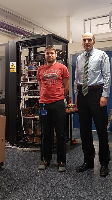 Professor Dragan Jovcic from the School of Engineering at the University of Aberdeen (right) and technician Richard Osborne (left) beside the DC Circuit Breaker.