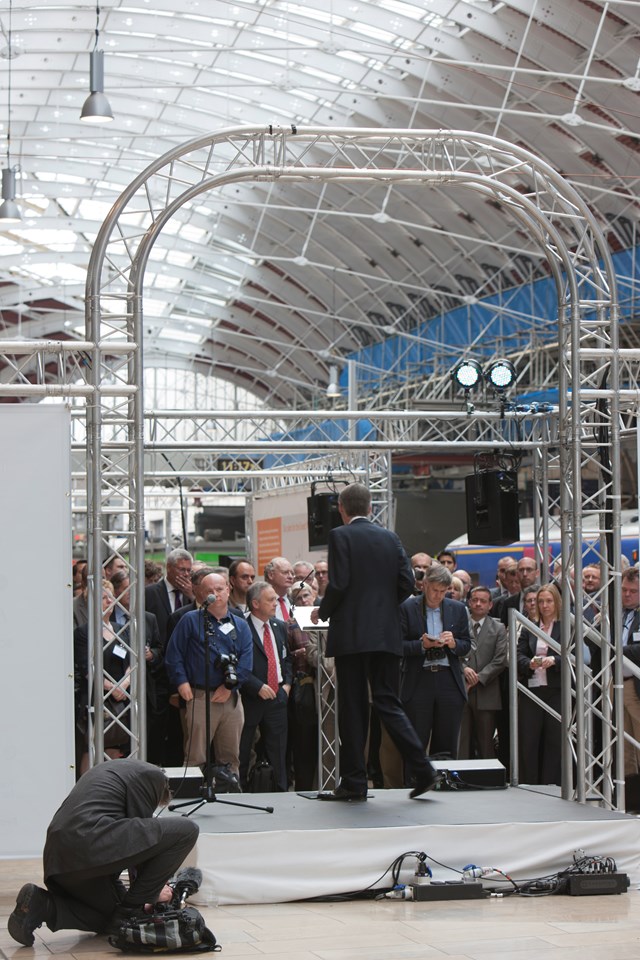 Assembled guests, Paddington span 4: Rt Hon Philip Hammon MP, secretary of state for transport addresses guests at the Great Western campaign launch event at Paddington station