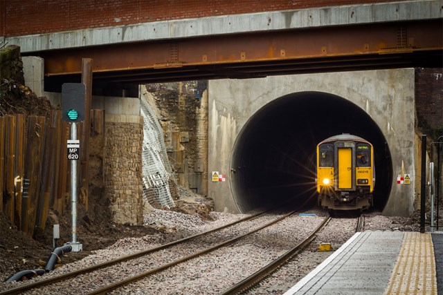 Trains at full speed through newly-enlarged Farnworth Tunnel – Feb 2016(Courtesy of Graeme Bickerdyke)