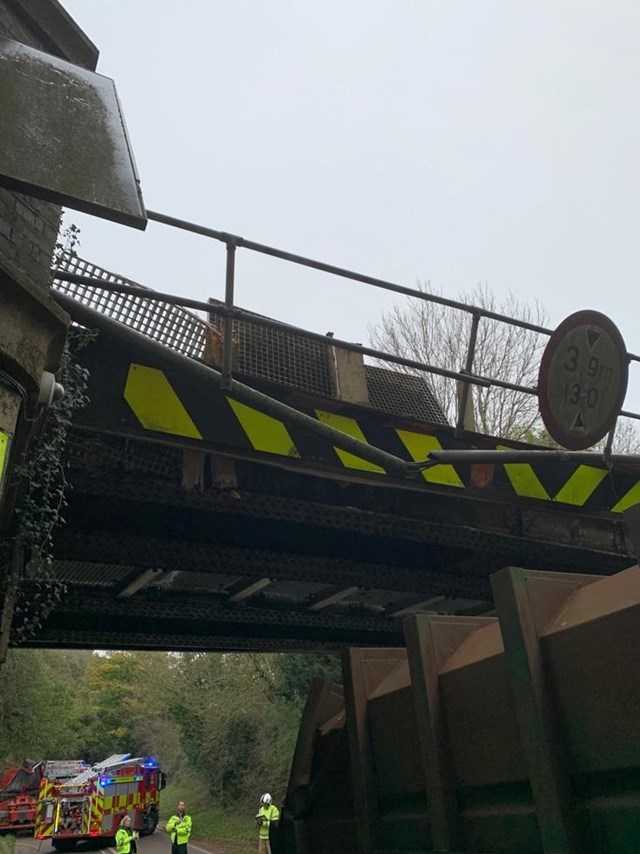 Update on bridge damaged by lorry at Ketton affecting passengers between Leicester and Peterborough: Ketton bridge strike November 2022 vehicle under bridge