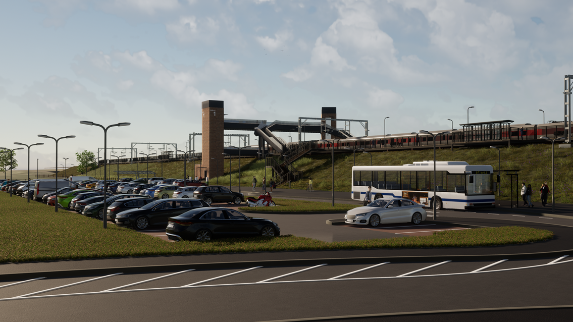 Reston station car park: This is an artist's impression (AI) of the proposed Reston station viewed from car park access road.