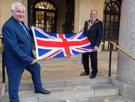 cllr patrick harley and the mayor of dudley wishing the king a happy birthday