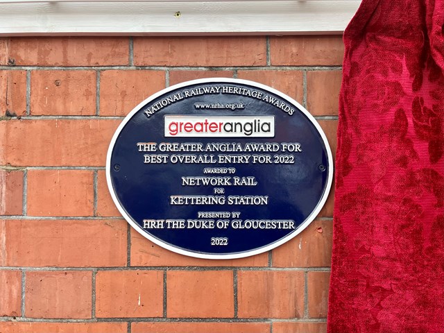 Close of the Best Overall Entry award plaque at Kettering station: Close of the Best Overall Entry award plaque at Kettering station