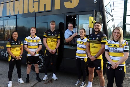 First York driver and Knights fan Pete Richardson with players and the electric bus branded in the club colours 3
