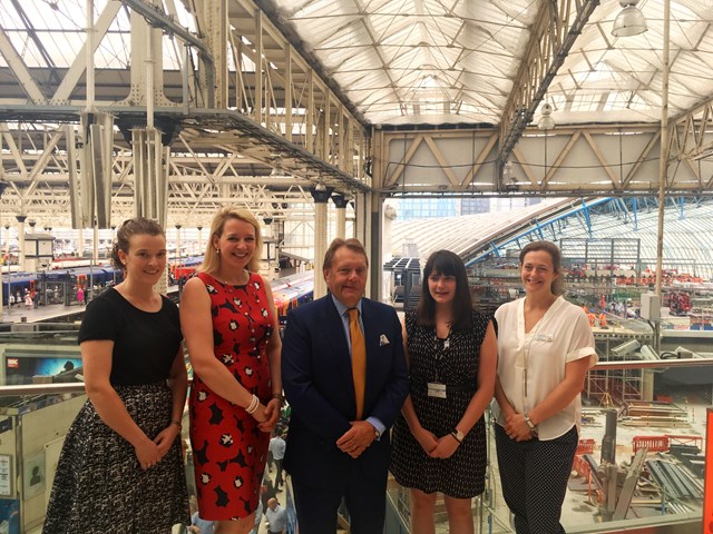 Network Rail engineers join Minister to call on young women to pursue careers in engineering: (l-r) Anne Browne, Network Rail; Becky Lumlock, Network Rail; John Hayes MP; Alison Farwell, Network Rail; Miriam Maclennan, Network Rail.