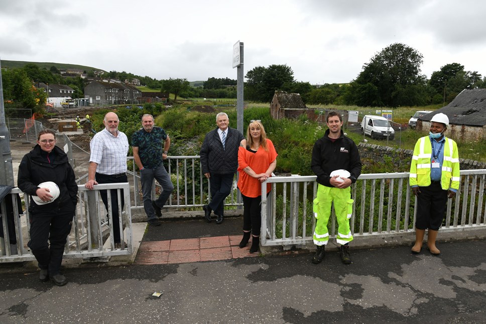 LtoR Cllrs Young, McMahon, Crawford and Todd with Lottie Birch (RPS Ecology), Jamie Sime (Wills Bros) and Francis Musasa (Ayrshire Roads Alliance)