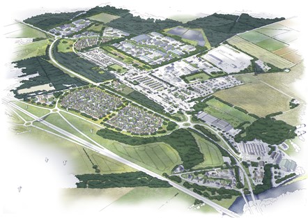 An artist's impression shows a main road running diagonally from left to right below areas of housing. There are green fields surrounding.