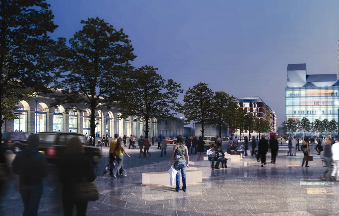 Cambridge station forecourt - CB1 redevelopment: An artist's impression of the improved forecourt outside Cambridge station.
Network Rail has secured investment of up to £4.5m to improve Cambridge station as part of developer Brookgate's CB1 redevelopment scheme. This will be used to expand and improve the ticket hall and help integrate rail travel with other modes of transport.
In addition, Brookgate will be improving the forecourt area outside the station to create a new public plaza.