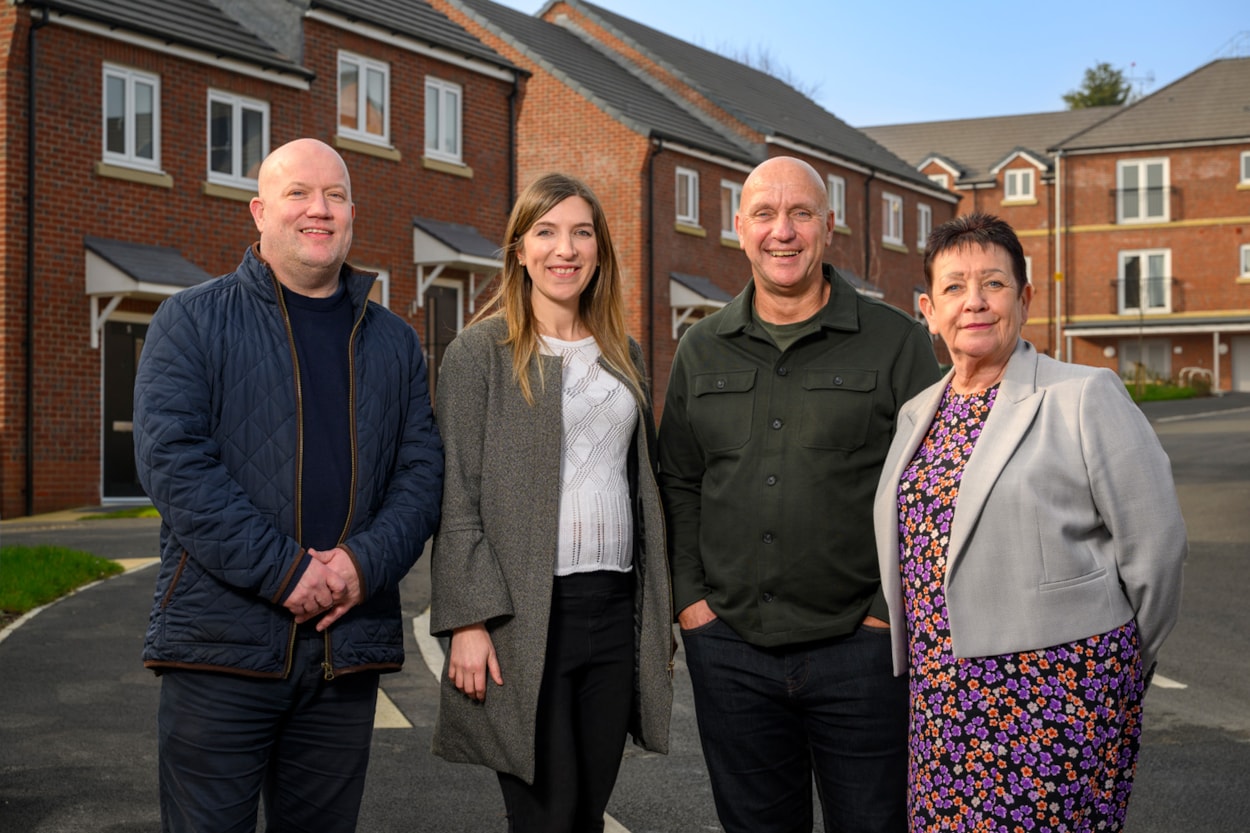 Armley homes 2: Left to right: Jason McGarvey (Termrim Construction managing director), Sian Webster (executive director of growth and assets, Yorkshire Housing), Nick Atkin (Yorkshire Housing chief executive) and Councillor Mary Harland (Leeds City Council's executive member for housing), pictured during a recent visit to the St Andrews Grange housing development in Armley, Leeds.