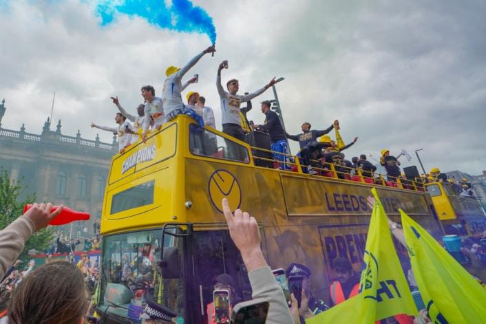 parade 7: Leeds United players celebrate during their promotion parade.
