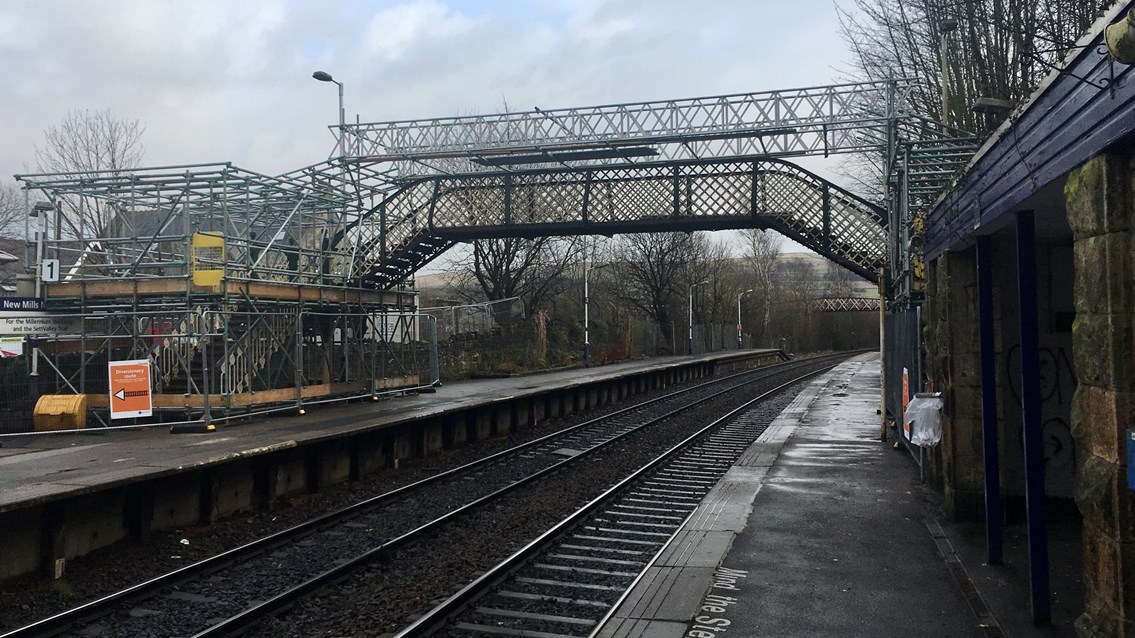 Platform view of New Mills Newtown footbridge during restoration work