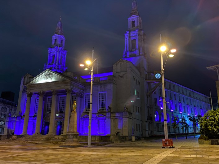 Leeds Civic Hall: Leeds Civic Hall lit up in purple in memory of Her Majesty The Queen. For a copy of this image in colour, please download it directly or contact the media team.