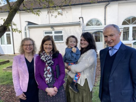 Councillor Buttery, Dr Samantha Callan, Elijah Haywood with mother Alice Cope and Lord Farmer at Stourbridge Family Hub LS