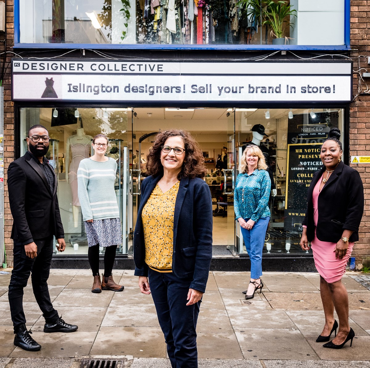Outside the FC Designer Collective store,(from left) Boaz Otudeko, Sarah Hill, Cllr Asima Shaikh, Fashion-Enter CEO Jenny Holloway and Tricia Blake-2
