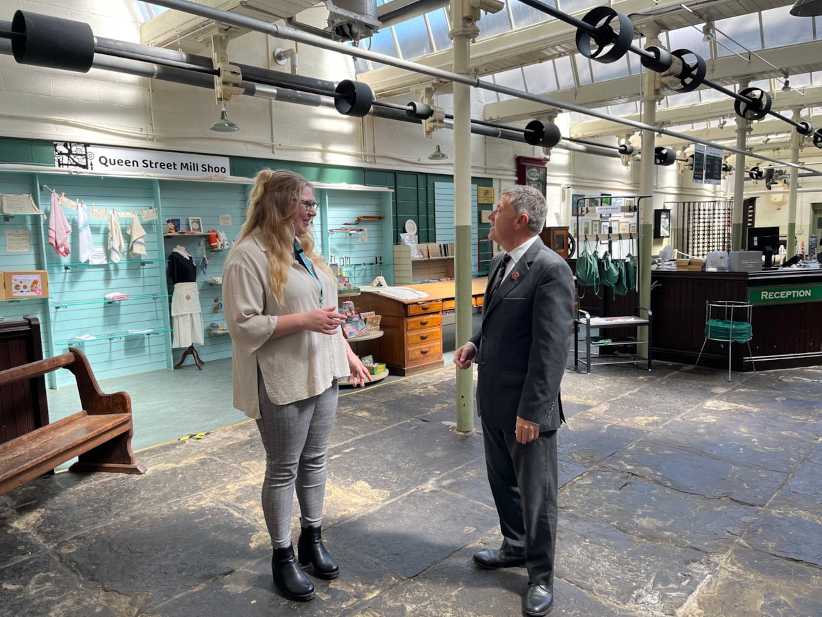 Councillor Peter Buckley with Sarah Stewart, museum manager at Queen Street Mill