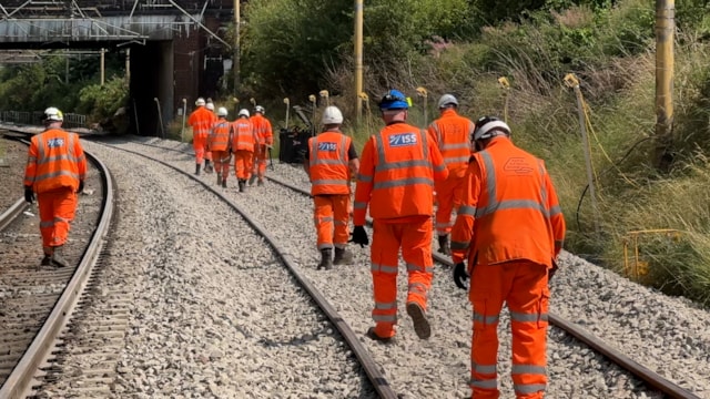 Track workers on newly laid lines at Macclesfield August 2025: Track workers on newly laid lines at Macclesfield August 2025