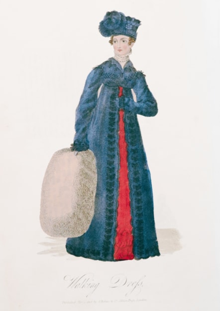 Walking Dress fashion plate showing how women used walking as a opportunity to see and be seen in the latest fashions, 1819