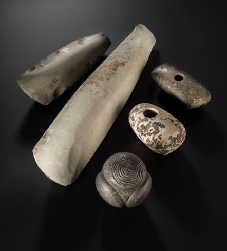 Axe heads,  Maceheads and carved stone ball, Neolithic. Image © National Museums Scotland