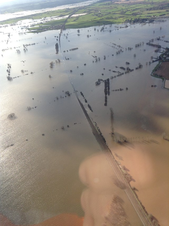Flooding at Bridgwater, with the railway running across the centre of the picture: Flooding at Bridgwater, with the railway running across the centre of the picture