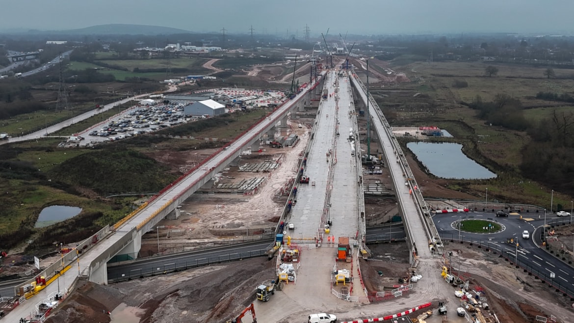 HS2 completes deck assembly for Coleshill viaducts: Coleshill viaducts looking south Feb 2025