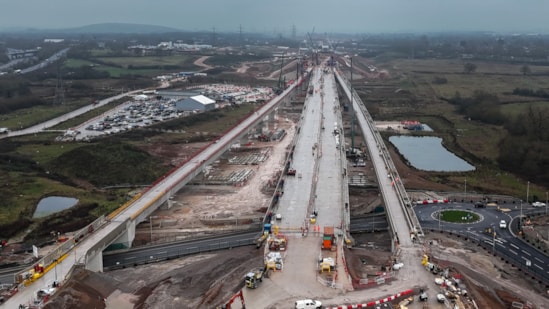 HS2 completes deck assembly for Coleshill viaducts: Coleshill viaducts looking south Feb 2025