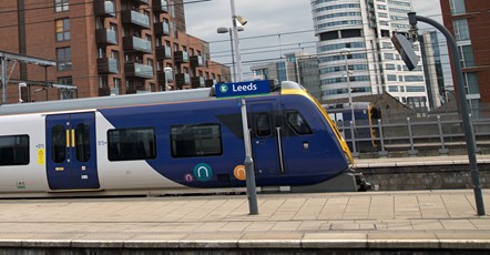Image shows Northern train ready to depart Leeds station