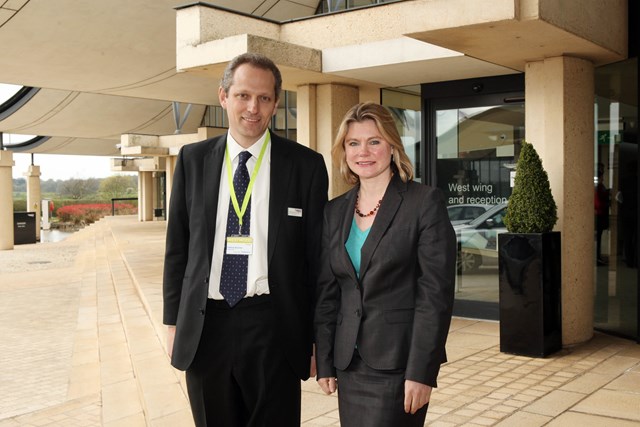 Justine Greening visit to Track and Train rail industry scheme induction: Transport Secretary Justine Greening and Network Rail group finance director Patrick Butcher at visit to Track and Train rail industry scheme induction