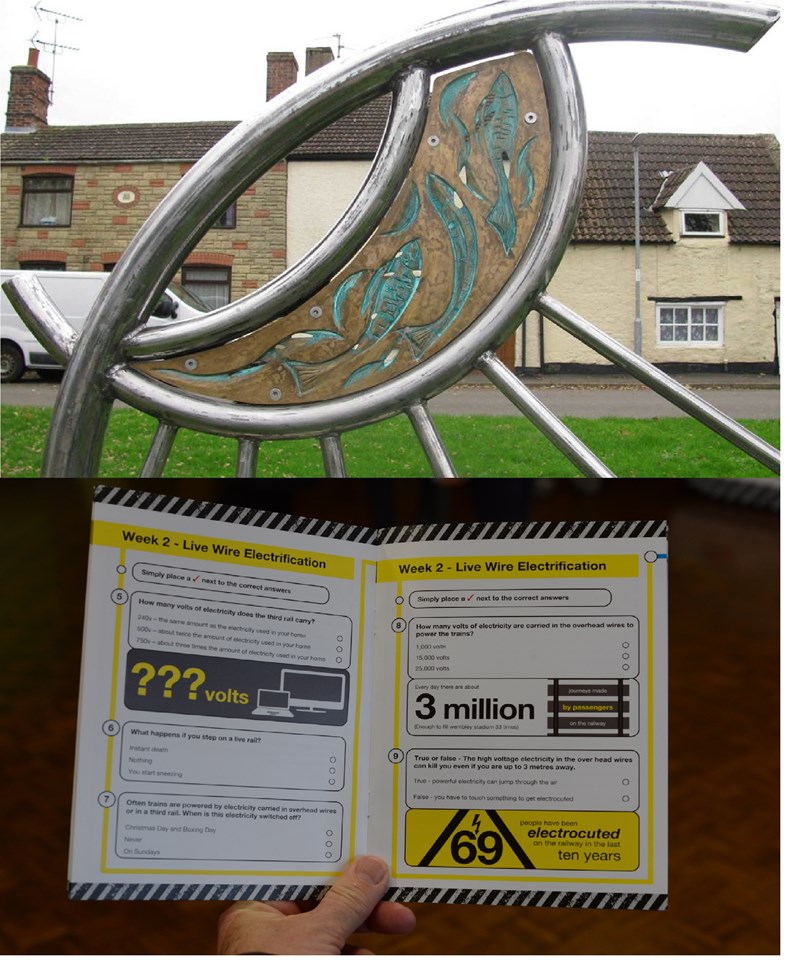 Network Rail to deliver community project in Corby. Top image: Sculpture by Richard Janes, community artist. Bottom image: Example of classroom materials from Tackling Track Safety