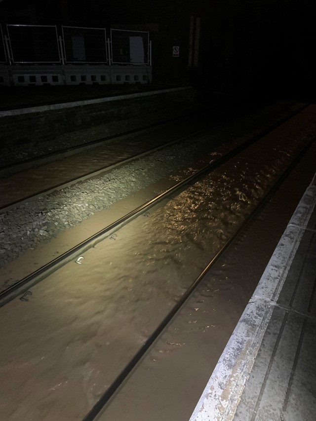Shot of flooded tracks at Fairfield station