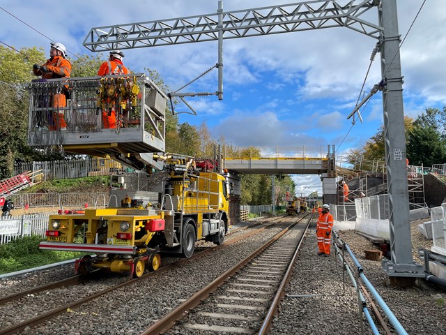 Network Rail engineers carry out wiring work on the Midland Main Line, Network Rail: Network Rail engineers carry out wiring work on the Midland Main Line, Network Rail