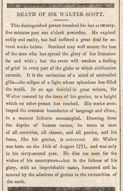 Recording the death of Sir Walter Scott in 1832