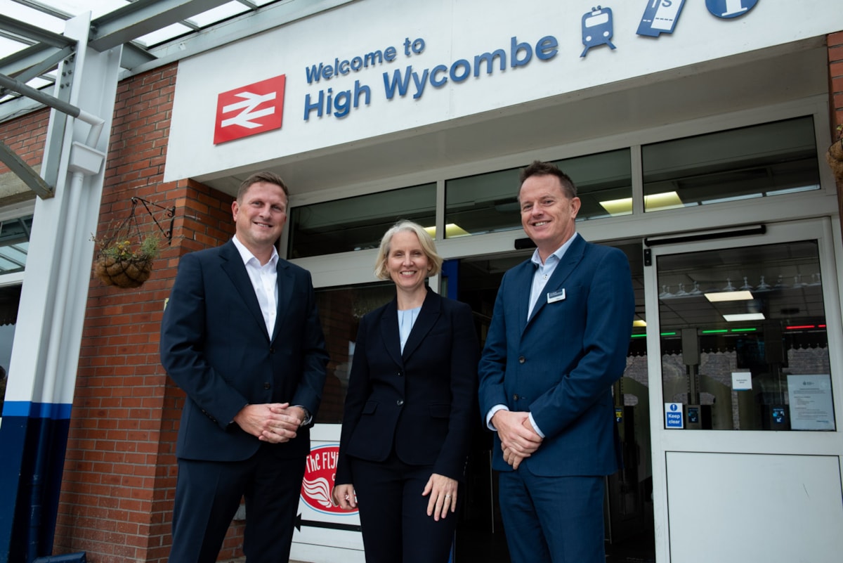 Kevin Maslin, Emma Reynolds MP and Tony Baxter outside High Wycombe station