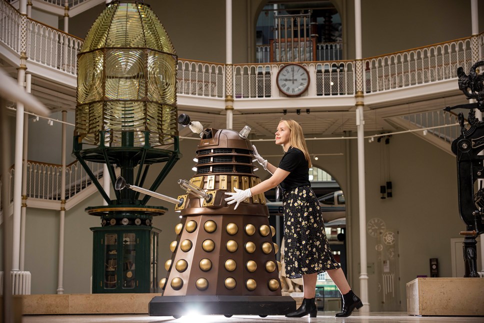 Liv Mullen wheels a Dalek into the National Museum of Scotland ahead of major exhibition. Photo credit © Duncan McGlynn (4)