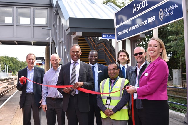 Longer platforms and new, accessible footbridge: Network Rail completes Berkshire station upgrades: Network Rail's Route Managing Director, Becky Lumlock (far right) was joined by MP for Windsor Adam Afriyie (centre), Councillor David Hilton, Royal Borough of Windsor and Maidenhead, and representatives from Osborne's  construction and South West Trains to mark the official completion of the £6.5 million fully-accessible footbridge at Ascot station