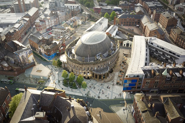 Leeds Corn Exchange aerial view: CGI showing Leeds Corn Exchange's new surroundings from above.