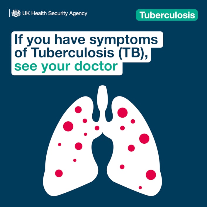 TB 2024 1[16]: Image is a graphic of lungs, covered in red spots, with the line: 'if you have symptoms of Tuberculosis (TB) see your doctor.