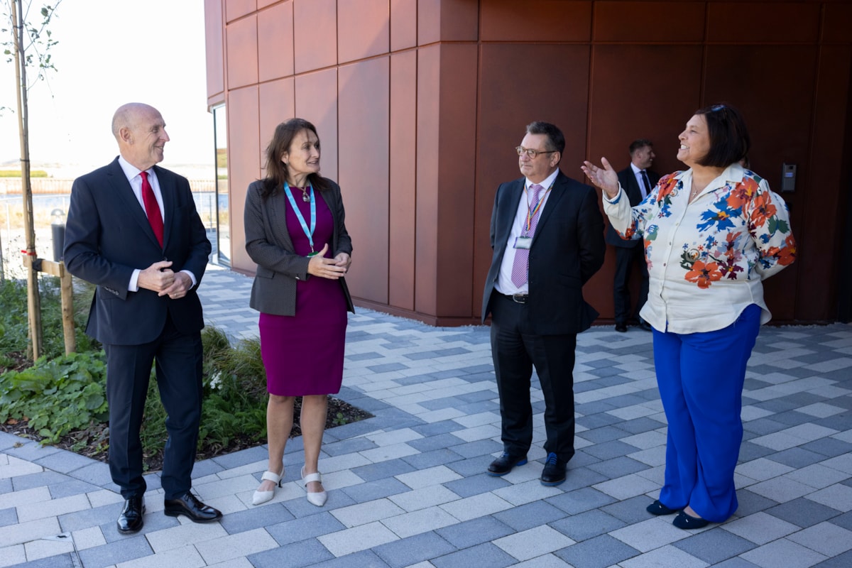 (l-r): Visiting the University of Cumbria Barrow campus, Secretary of State for Defence, the Rt Hon John Healey MP, meets university Vice Chancellor Professor Julie Mennell DL, Deputy Vice Chancellor Professor Brian Webster-Henderson OBE, and Janet Garner, BAE Systems Submarines Future Workforce Dir