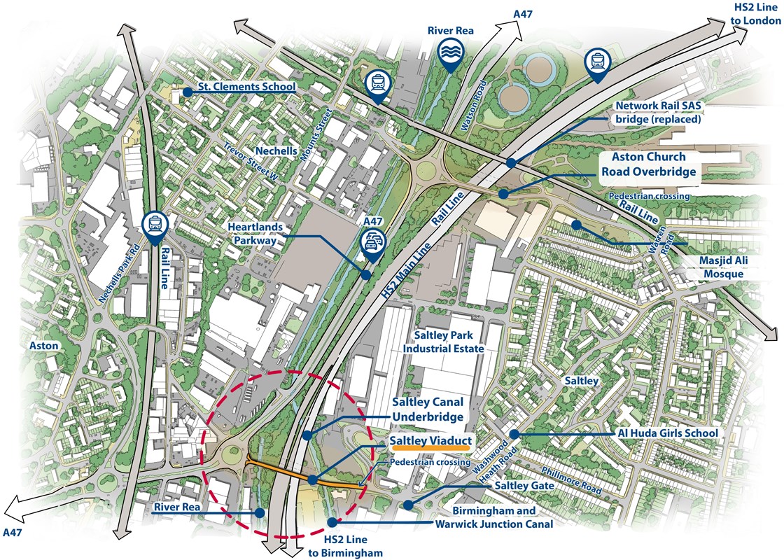 Saltley Viaduct and Aston Church Road Overbridge aerial sketch